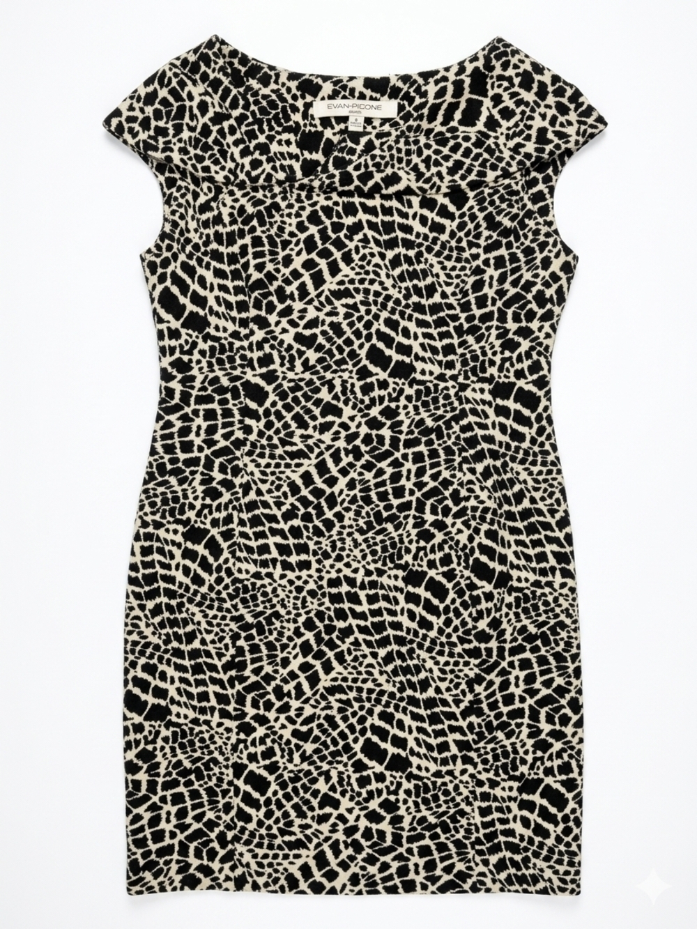 Evan Picone Black and Cream Printed Cap-Sleeve Sheath Dress Size 6